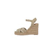 Beige wedge sandal with ankle strap displayed in a product image