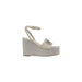 Beige wedge sandal with ankle strap from Guess featuring buckle and bow design