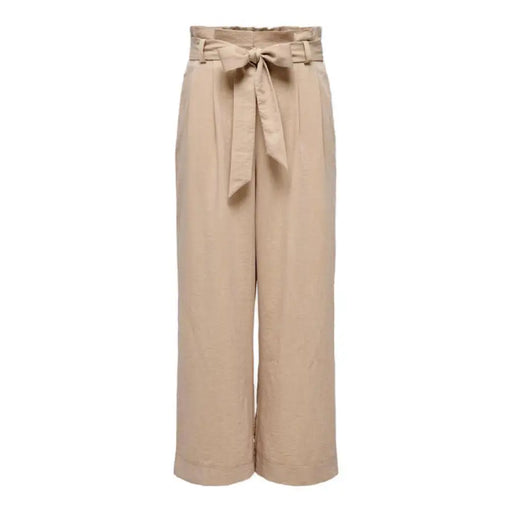 Beige wide-leg belted pants showcasing stylish comfort and versatile fashion appeal