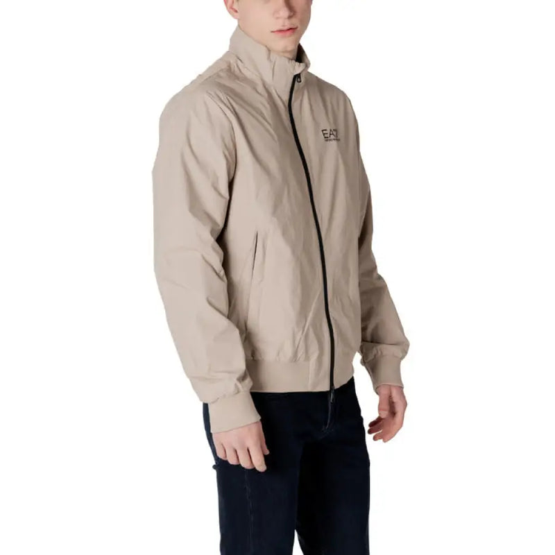 Beige zip-up jacket showcased in product display for casual outerwear style