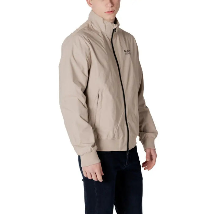 Beige zip-up jacket showcased in product display for casual outerwear style