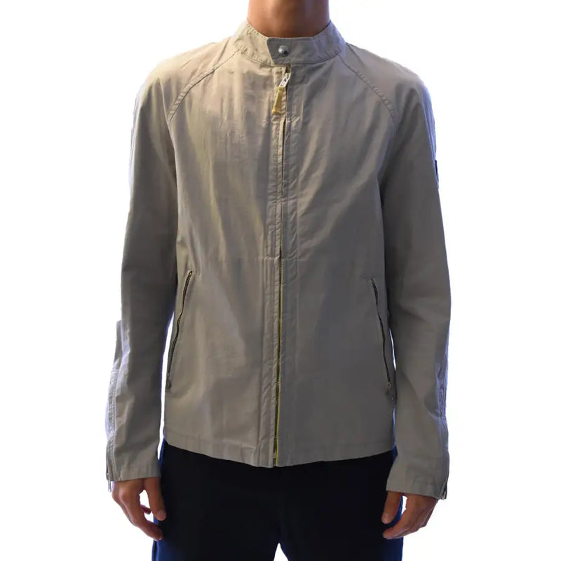 Veste blazer Belstaff pour homme, en coton gris, à col roulé zippé, doublée d'une veste beige légère avec fermeture éclair et poches latérales.