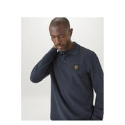 Polo Belstaff bleu marine à manches longues en coton pour homme, avec logo brodé doré sur la poitrine.