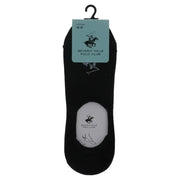 Black beverly hills polo club cotton ankle socks with white logo and foot outline on the heel back side visible