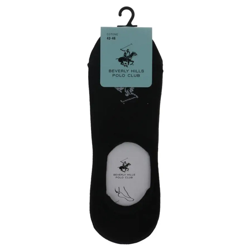 Black beverly hills polo club cotton ankle socks with white logo and foot outline on the heel back side visible