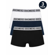 Three-pack of bikkembergs men underwear boxer briefs in white navy and black cotton stretch with branded waistbands