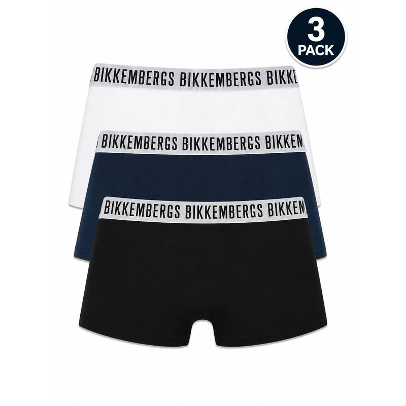 Three-pack of bikkembergs men underwear boxer briefs in white navy and black cotton stretch with branded waistbands