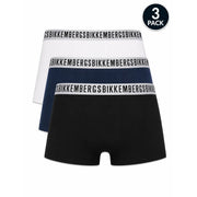 Three-pack of bikkembergs men underwear boxer briefs in white navy blue and black cotton stretch with logo waistband