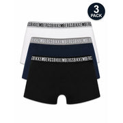 Three-pack of Bikkembergs mens cotton stretch boxer briefs in white navy blue and black with branded waistbands