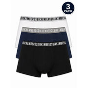 Three-pack of Bikkembergs mens cotton stretch boxer briefs in white navy blue and black with branded waistbands