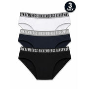 Three-pack of bikkembergs mens cotton briefs in white navy blue and black with repeating logo bands