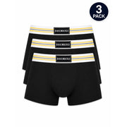 Black bikkembergs mens boxer briefs with white and yellow striped waistbands made from stretch cotton fabric