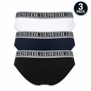 Three-pack of bikkembergs mens white cotton stretch fit briefs in white navy and black with gray branded waistband