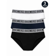 Bikkembergs mens white cotton underwear stretch fit three-pack of white navy and black briefs with gray branded waistbands