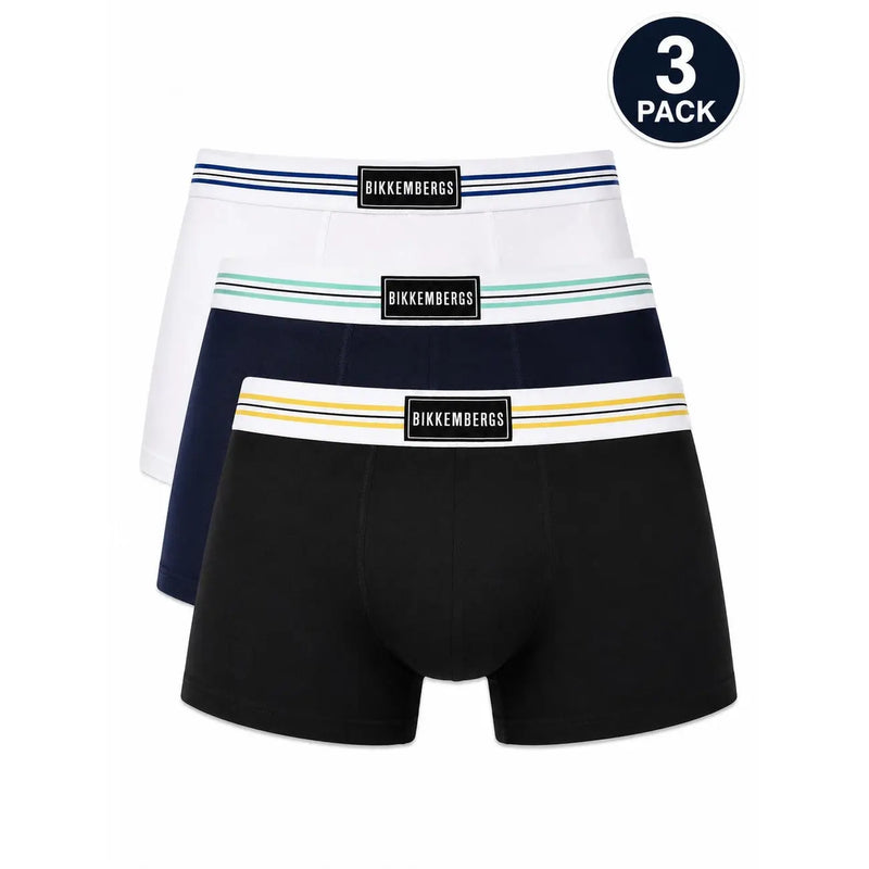 Three-pack of bikkembergs mens cotton stretch boxer briefs in white navy blue and black with striped waistbands