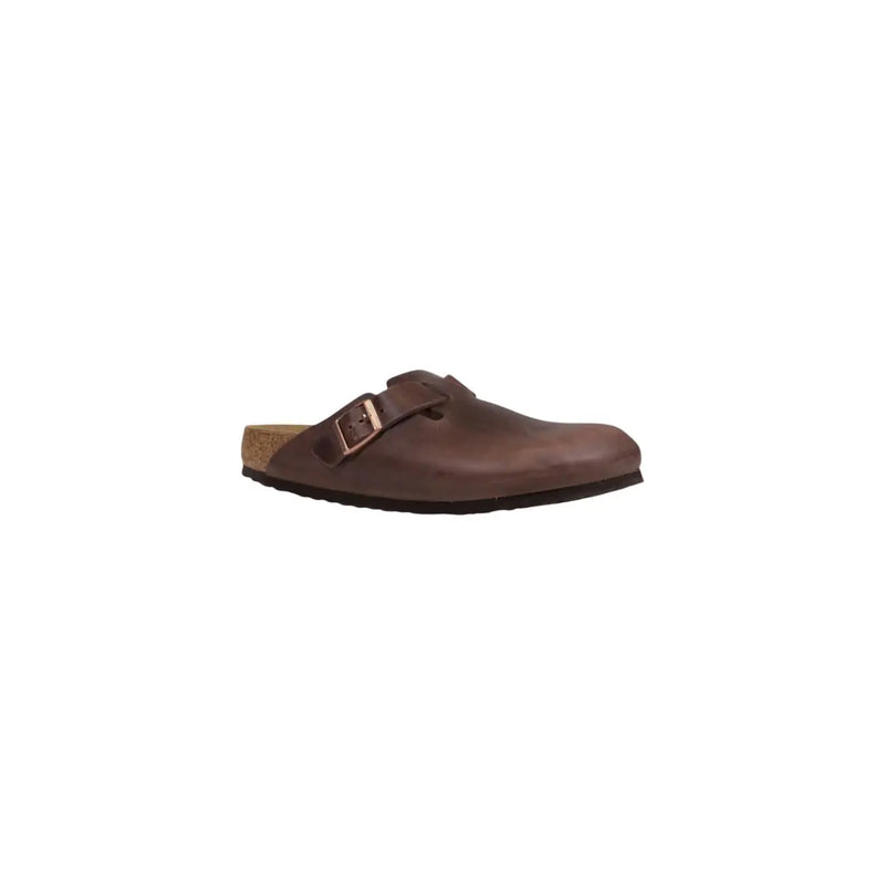 Sandales Birkenstock Boston pour homme en cuir marron avec semelle intérieure en liège et boucle métallique, vues de l'arrière
