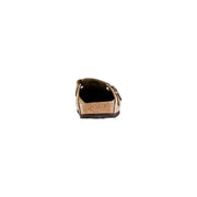 Sabots Birkenstock pour homme en cuir beige avec semelle intérieure en liège et semelle extérieure en caoutchouc marron foncé pour un confort optimal.