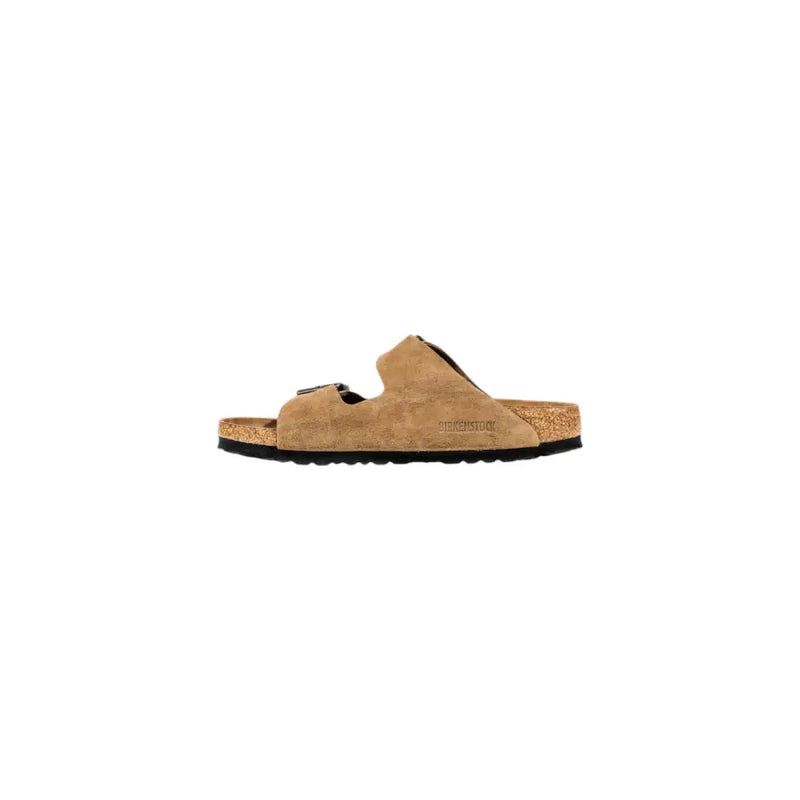 Birkenstock Arizona tan suede sandal with cork footbed and black buckle