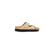 Birkenstock women beige synthetic Arizona slide sandal with two adjustable straps and cork footbed
