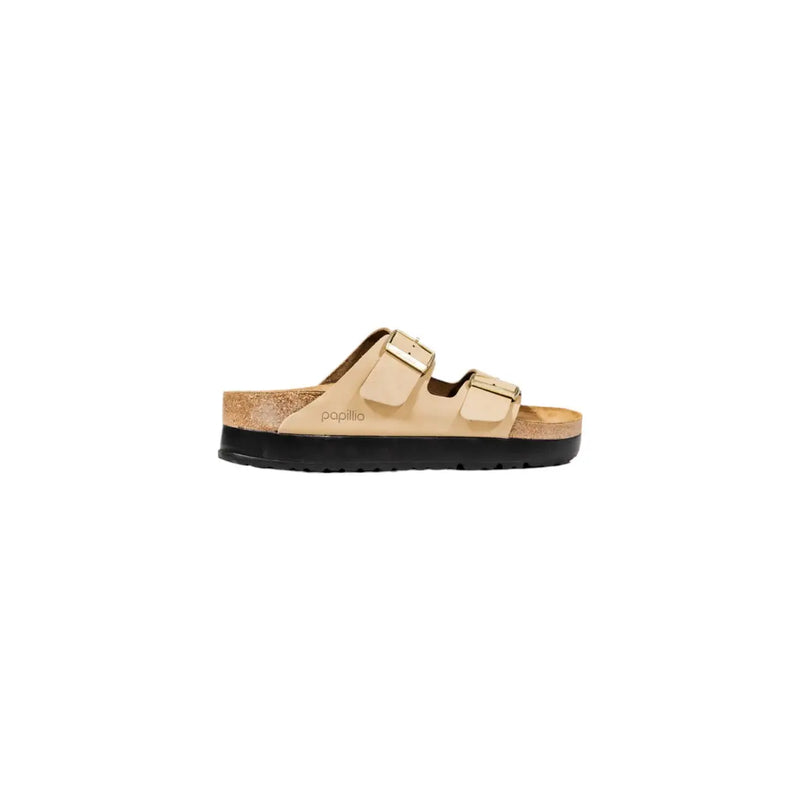 Birkenstock women beige synthetic Arizona slide sandal with two adjustable straps and cork footbed