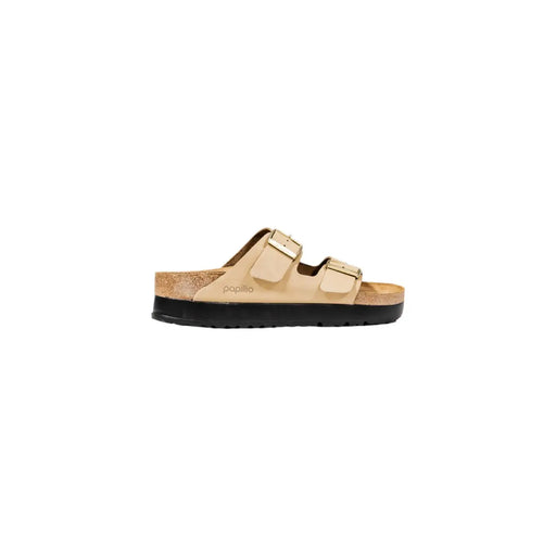 Birkenstock women beige synthetic Arizona slide sandal with two adjustable straps and cork footbed