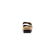 Birkenstock women beige synthetic arizona slippers with gold color cork footbed and black rubber sole front view
