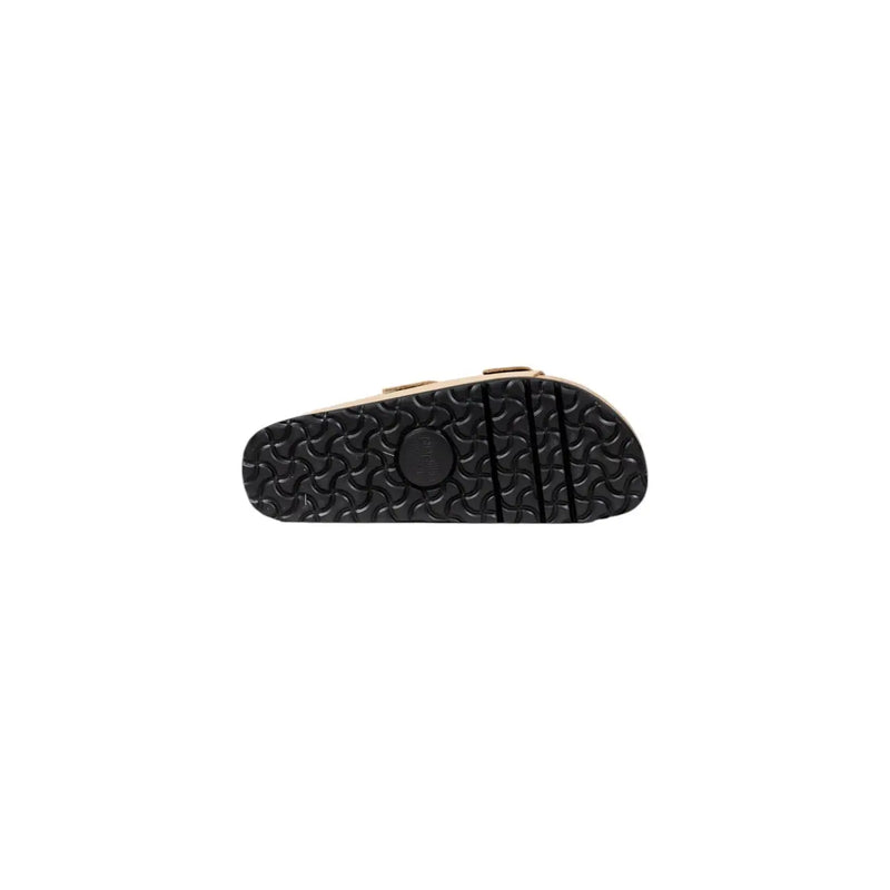 Birkenstock women beige synthetic arizona slippers with gold-toned upper and black rubber sole with wavy tread pattern