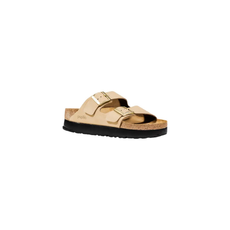 Beige leather two strap birkenstock women arizona sandal with cork footbed and black rubber sole