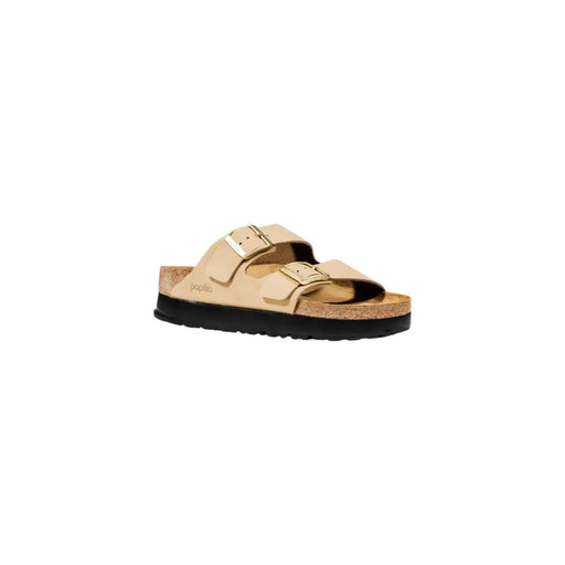 Beige leather two strap birkenstock women arizona sandal with cork footbed and black rubber sole
