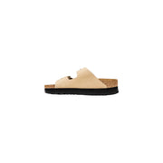 Birkenstock women beige synthetic two-strap slide sandal with cork footbed and black rubber sole