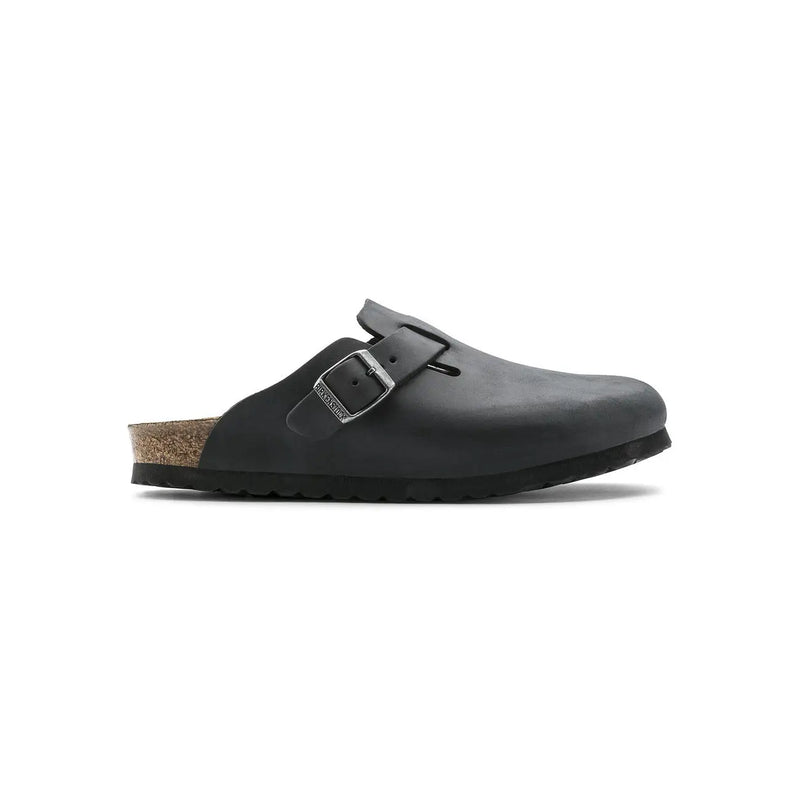 Birkenstock women black leather Boston sandals featuring a silver buckle and cork footbed in a clog design