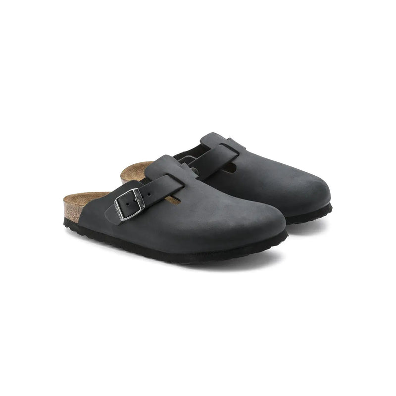 Birkenstock women black leather boston sandals featuring black leather clogs with silver buckle and cork footbed