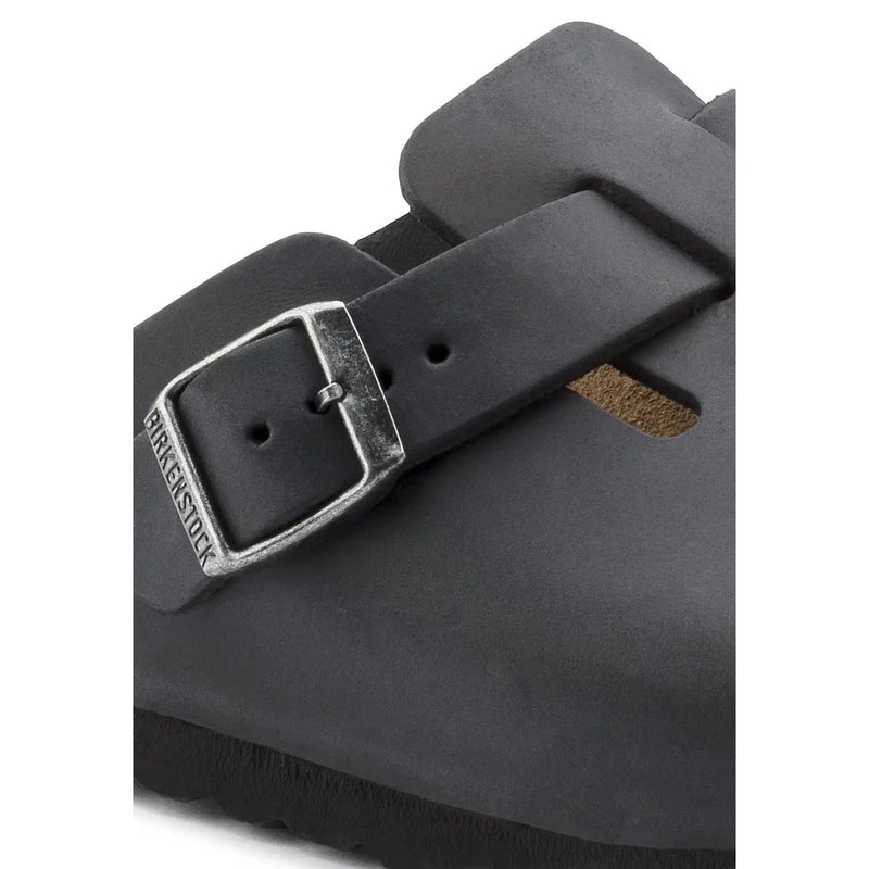 Birkenstock women black leather boston clog with silver-toned buckle showcasing premium material and design