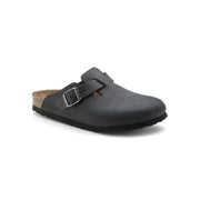 Birkenstock women black leather Boston sandals with silver buckle and cork footbed shown from the back side