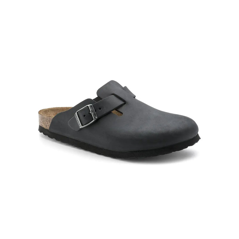 Birkenstock women black leather Boston sandals with silver buckle and cork footbed shown from the back side