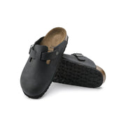 Birkenstock women black leather Boston clog sandals with cork footbed and durable rubber sole for comfortable wear