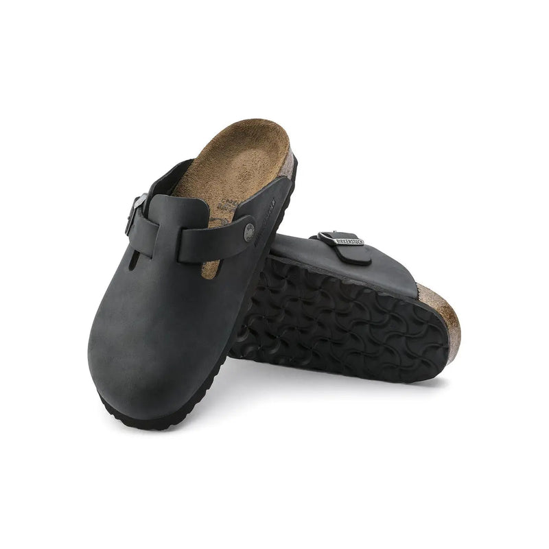 Birkenstock women black leather Boston clog sandals with cork footbed and durable rubber sole for comfortable wear
