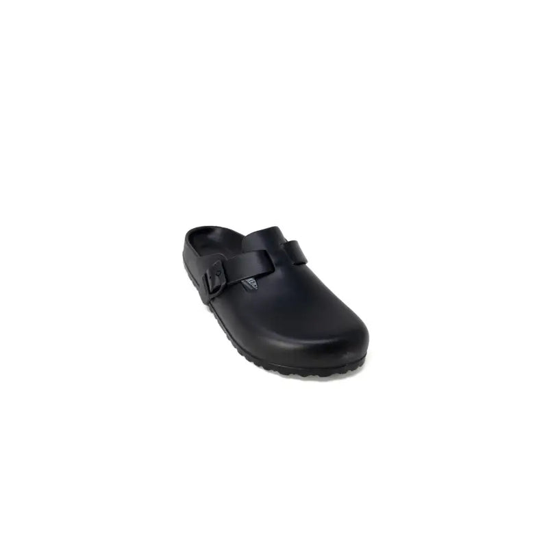 Birkenstock women’s black glossy clog slippers with strap, size 2.5