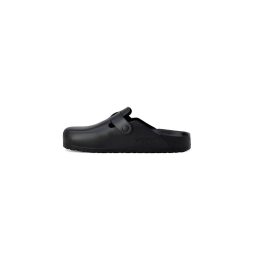 Birkenstock black rubber clog slippers for women, size 2.5, with strap and buckle