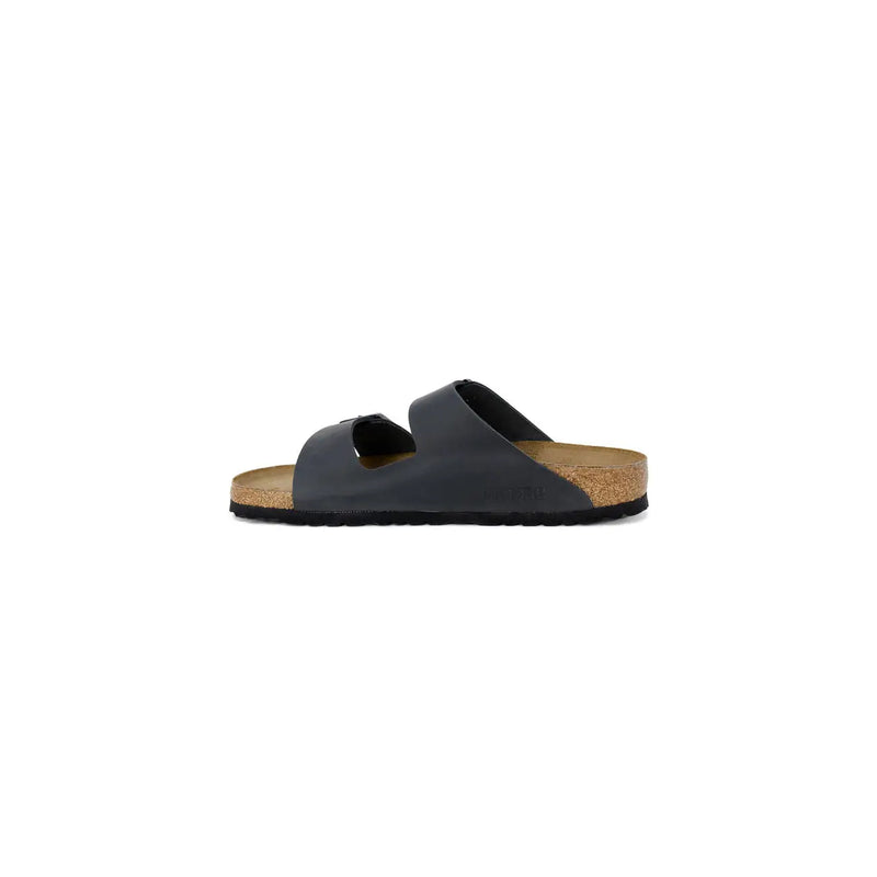 Birkenstock women black slippers size 3 leather dark gray two-strap sandal with cork footbed and black rubber sole
