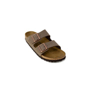Birkenstock women brown leather Arizona sandal with two adjustable straps and rose gold-tone buckles size 3