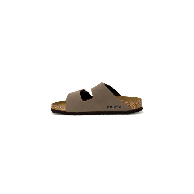 Birkenstock women brown leather sandals size 3 with gray suede two straps cork footbed and black rubber sole