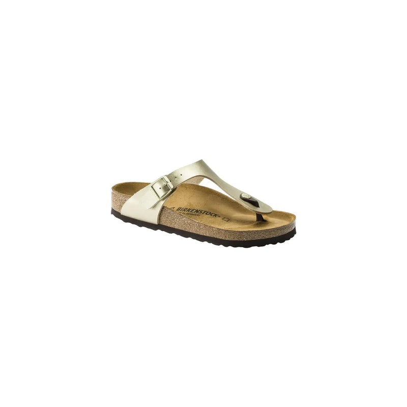 Birkenstock women gold slippers featuring a sleek metallic gold thong design with cork footbed german made footwear