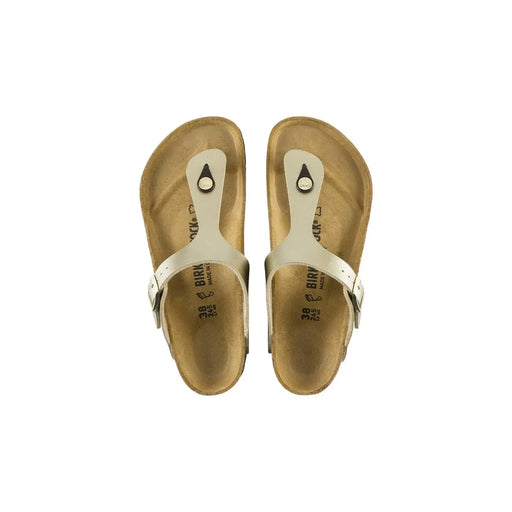 Birkenstock women gold slippers white gizeh sandals with classic thong design and tan leather footbed german made footwear