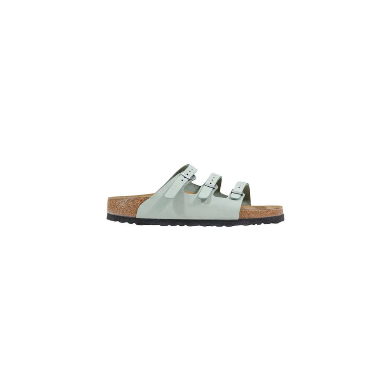 Birkenstock women green leather open toe slippers with three adjustable straps and cork footbed