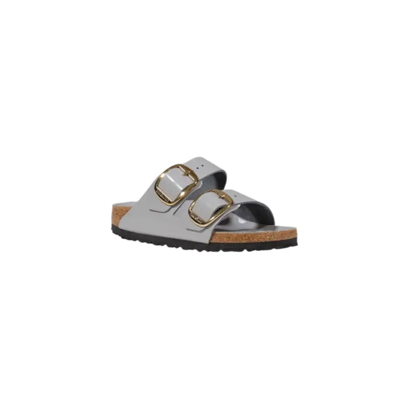 Light gray Birkenstock womens gray leather slipper with gold buckles and cork footbed