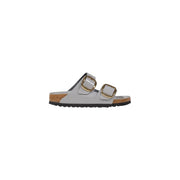 Birkenstock women leather arizona sandal in light gray patent leather with gold-tone double buckle straps and cork footbed