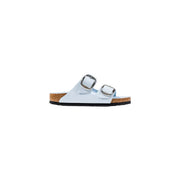 Birkenstock women leather arizona sandals in white with silver buckle straps and cork footbed displayed from front view