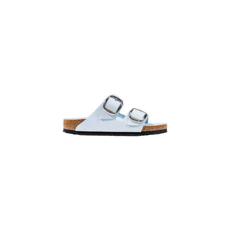 Birkenstock women leather arizona sandals in white with silver buckle straps and cork footbed displayed from front view