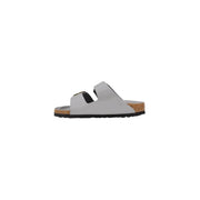 Birkenstock women leather arizona sandals grey with light gray leather straps cork footbed and black rubber sole